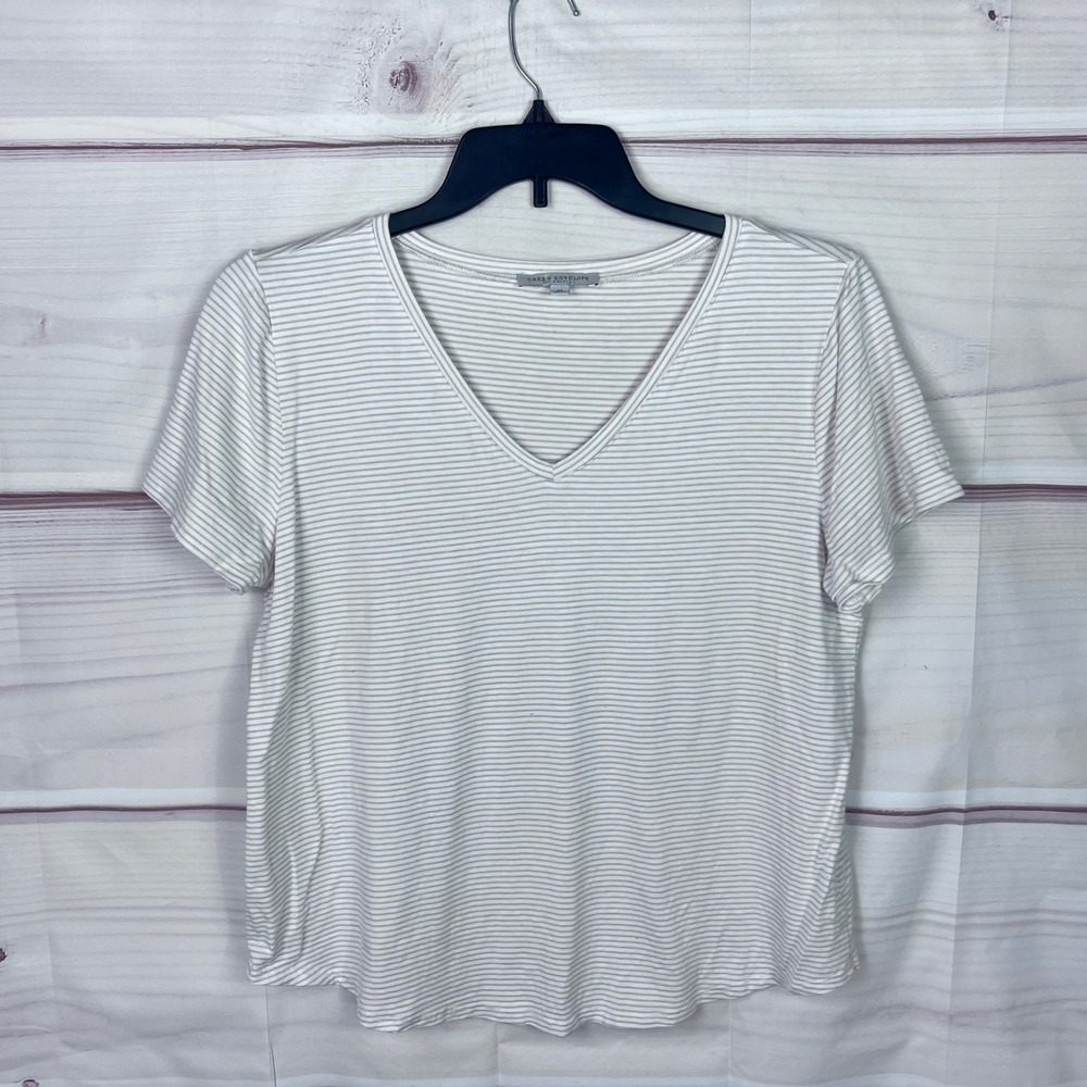 Green Envelope Top Womens XL Beige Striped T-Shirt V-Neck Short Sleeve Knit